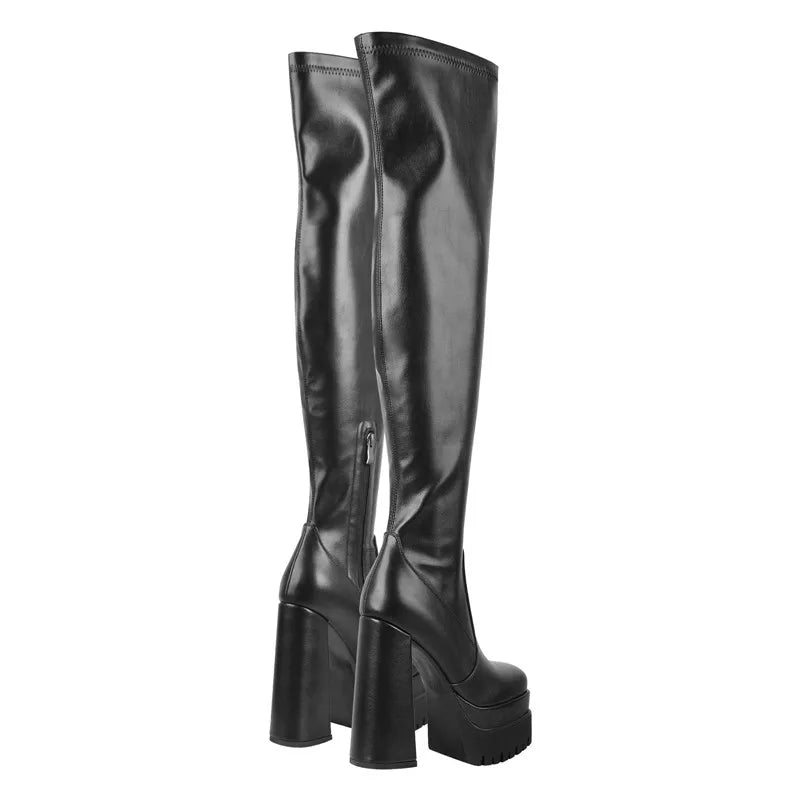 Onlymaker Über Das Knie Stiefel Frauen Schwarz Mate Dicken Plattform High Heels Seite Zipper Punk Stil Karree Mode Party stiefel