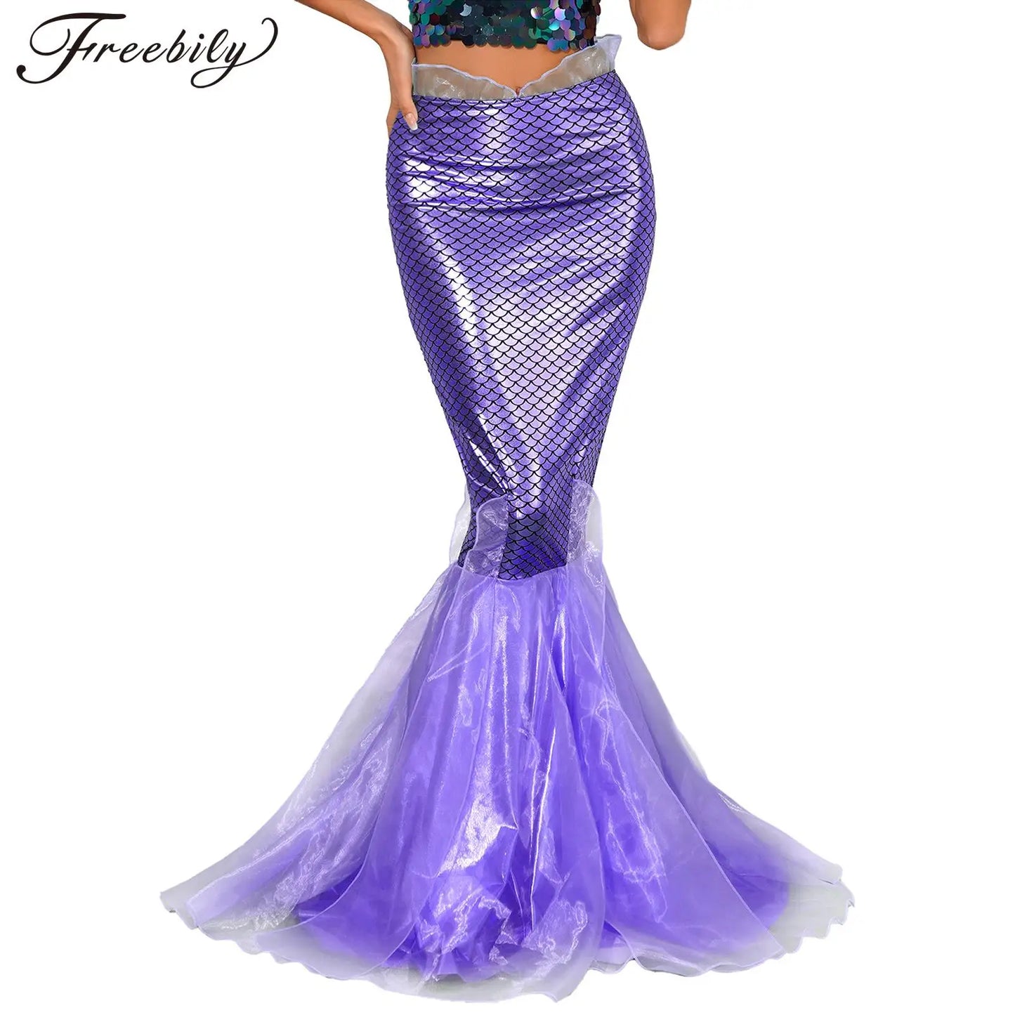 Womens Halloween Mermaid Maxi Skirt Cascading Tulle Fish Scale Print Shiny Fishtail Skirt Princess Cosplay Party Fancy Dress-Up