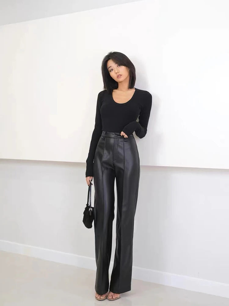 Women's Faux Leather Pants High Waist Slim Straight Trousers Lady Vintage Floor Length PU Custom New