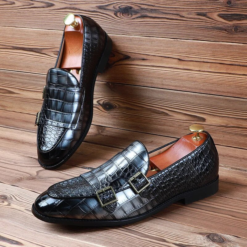 Men's Classic Crocodile Grain Microfiber Leather Casual Shoes Mens Buckle Party Wedding Loafers Moccasins Men Driving Flats