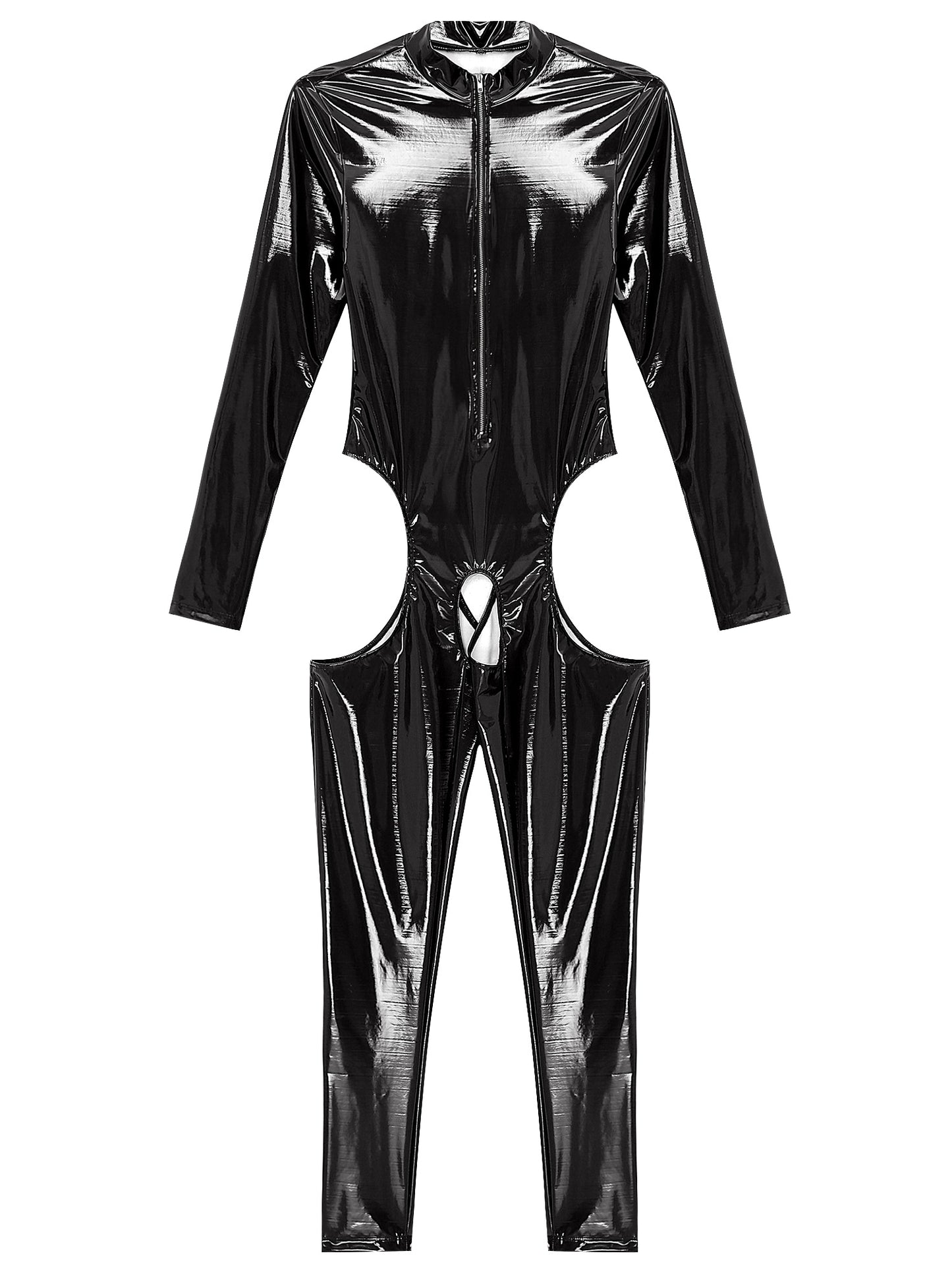 Damen Wet Look Lack leder Ausschnitt Schritt loser Overall Langarm Aushöhlen Skinny Bodysuit Catsuit Latex Clubwear