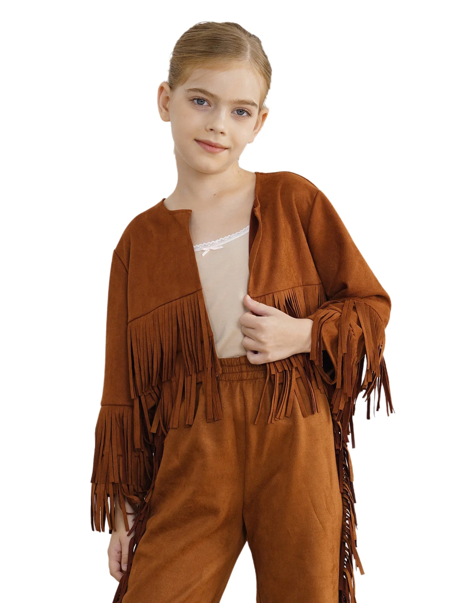 Western Rodeo Cowboy Cowgirl Costume Boys Girls Long Sleeve Open Front Tassels Fringe Coat Jacket for Halloween Cosplay Party