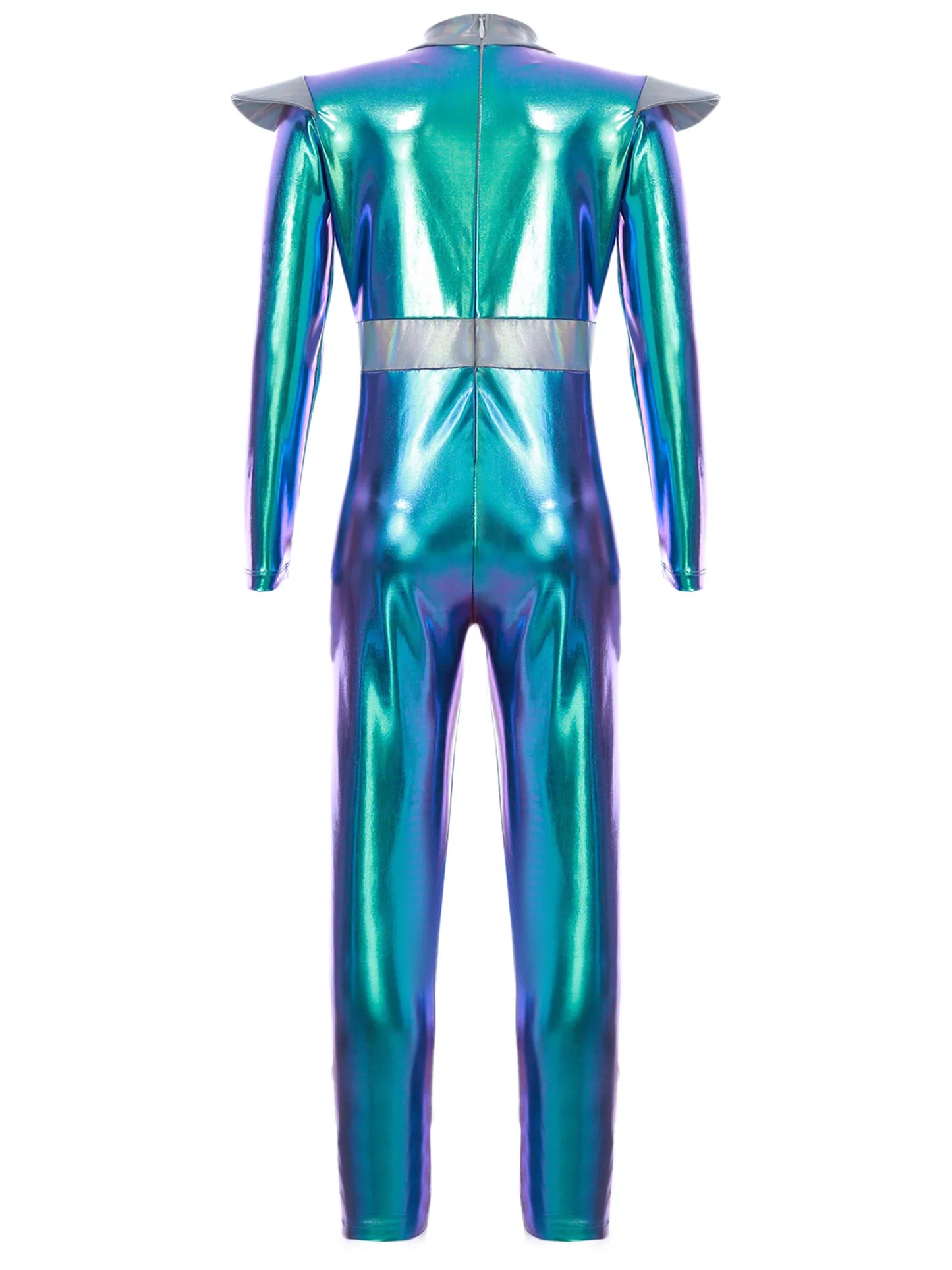 Kinder Mädchen Alien Kostüm Weltraum Kadett Holographische Metallic Ganzkörper Bodysuit Overall Halloween Party Cosplay Dress Up