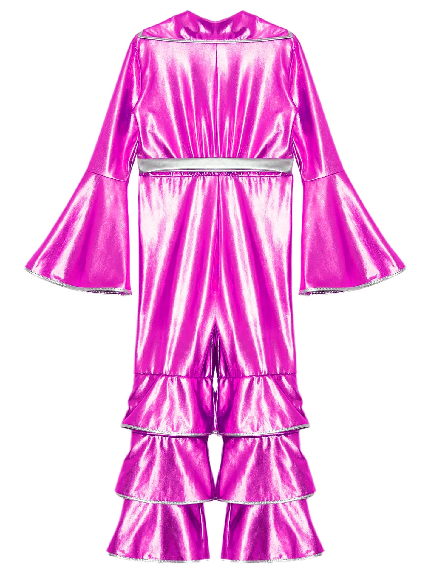 Kids Girls 70s 80s Disco Costume Metallic Flare Sleeve Ruffle Bell Bottom Jumpsuit Halloween Cosplay Funky Dancing Bodysuit