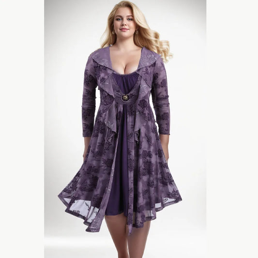 Rosegal Plus Size Kapuzen kleid Frauen Herbst Winter Blumen Flock ing Mesh Sonnens chnalle Spitzen besatz geraffte Rüschen Kleid lila Vestido