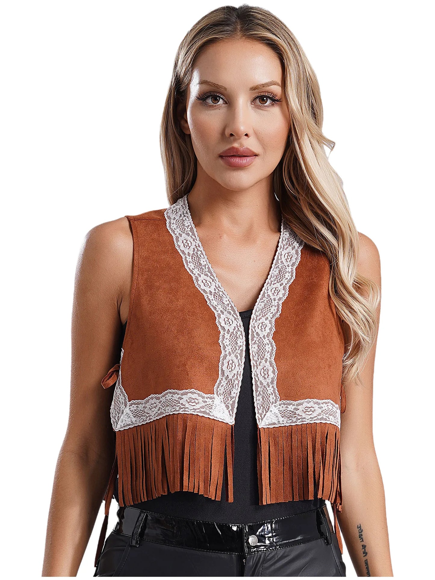 Damen Western Cowgirl ärmellose Spitzen besatz Fransen Quaste Weste Weste 70er Jahre Hippie Mantel Jacke Strickjacke Halloween Kostüm