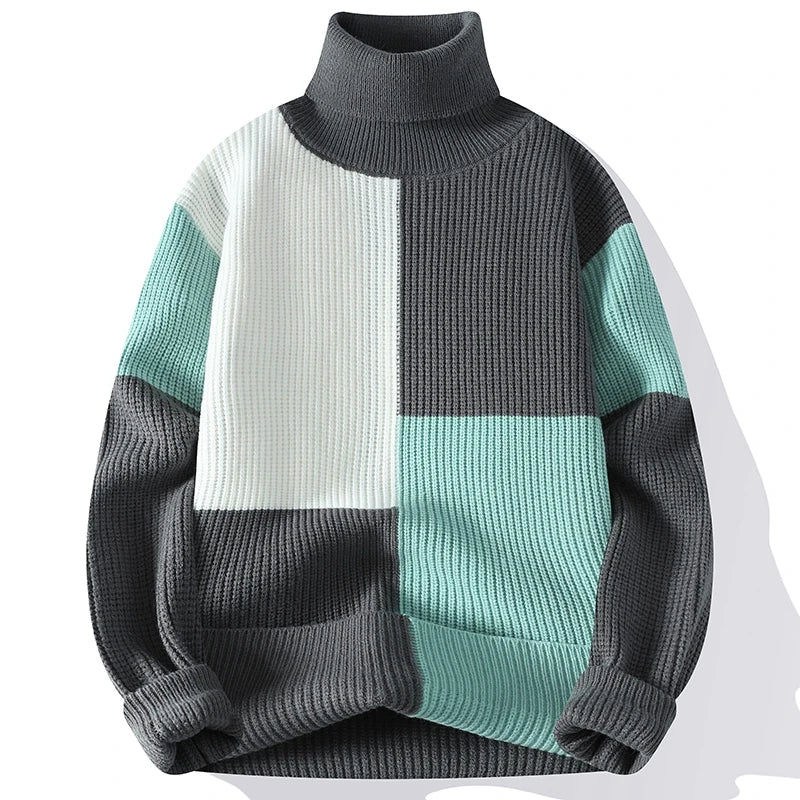 Autumn Winter Fashion Turtleneck Sweaters Men Patchwork Knitted Pullovers Mens Warm Casual Knit Turtleneck Pullover Sweater Man