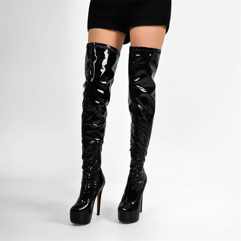 Only maker Frauen schwarz über dem Knie Stiefel Lack leder dünne High Heel Reiß verschluss weibliche Winter sexy Lady Stiefel