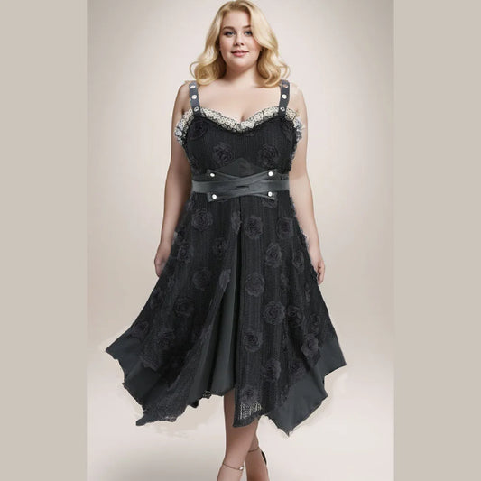 Ros gal Plus Size Tank Kleid Blumen applikationen Pu Leder Taille transparente Spitzen besatz Rüschen asymmetrisches Kleid schwarz lässig Vestidos