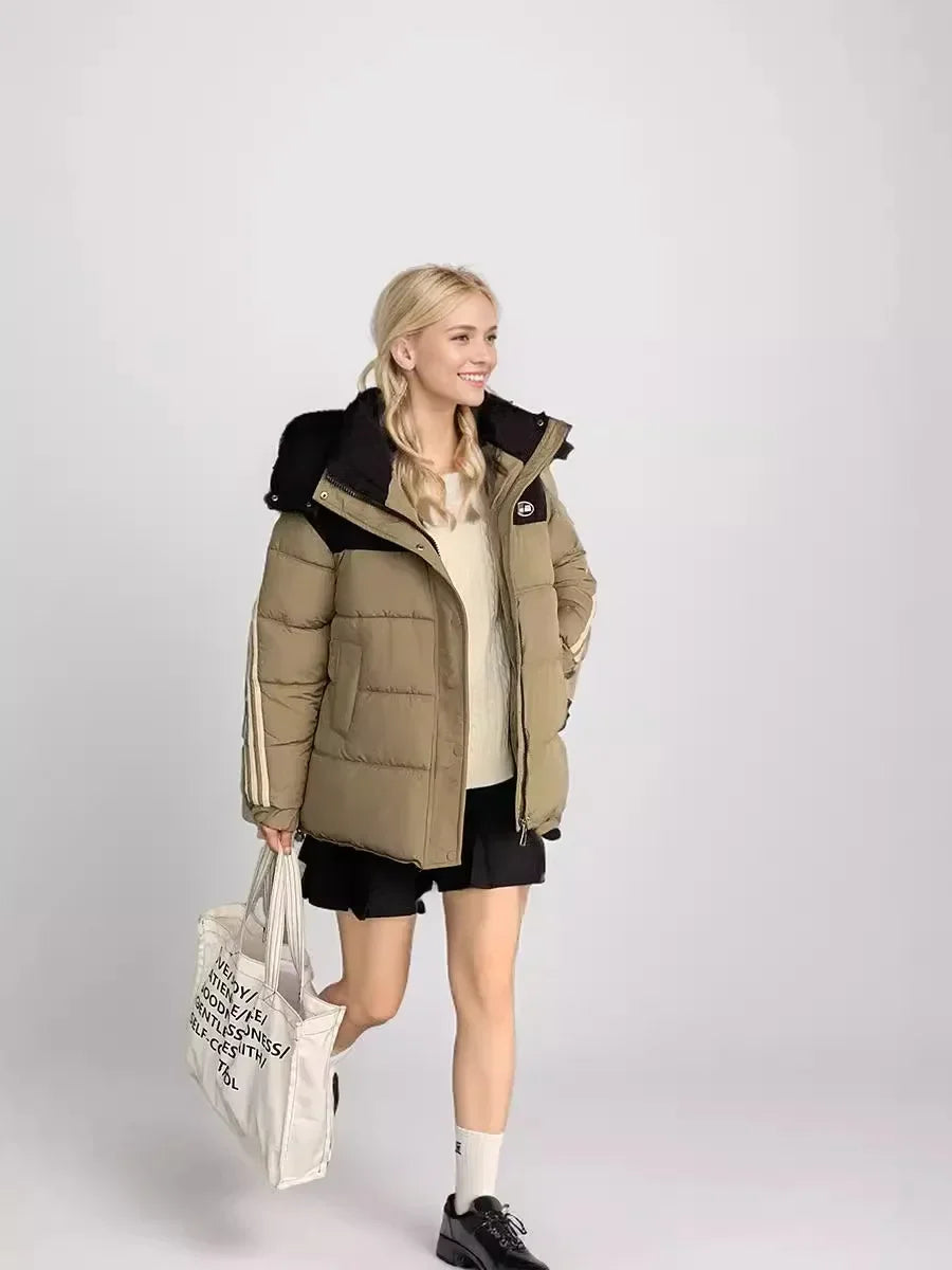 2024 neue Winter Damen jacke Kontrast lässig Kapuze Daunen Baumwoll jacke weiblich verdicken warme lose Puffer gepolsterte Parkas Mäntel