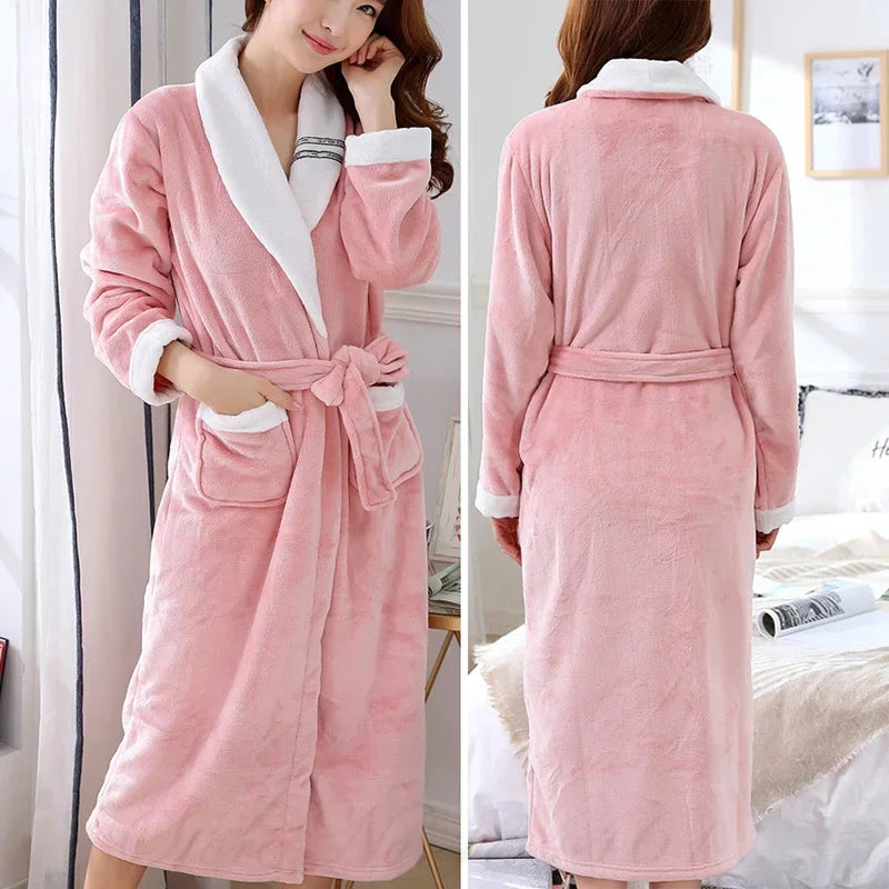 Flanell Frauen Kimono Bademantel Kleid mit Tasche PLUS GRÖßE 3XL Winter Verdicken Korallen Fleece Robe Nachtwäsche Hause Kleidung Lounge Tragen