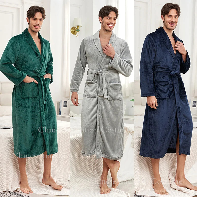 Herren Robe Flanell Kimono Nachtwäsche Lose Winter Homewear Bademantel Kleid Dusche Einfarbig Nachtwäsche mit Tasche Loungewear