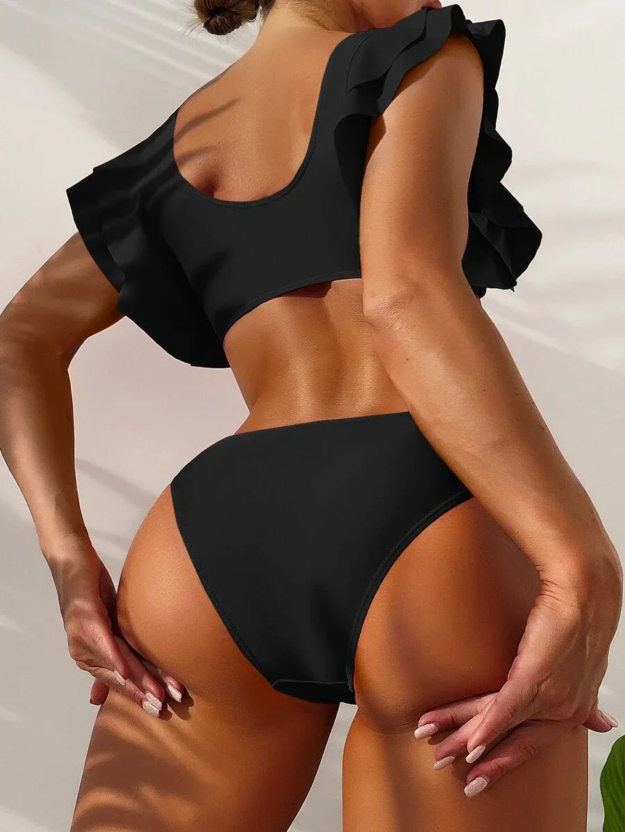 Ruffle Trim V Wired Bikini 2024 Women Black Sexy Swimsuit Female Vintage Swimwear Bathers Bathing Swimming Swim Suit Beachwear