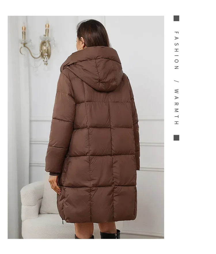 2024 neue Winter Frauen Lange Parkas Taschen Dicke Warme Mit Kapuze Unten Baumwolle Mantel Weibliche Lose Puffer Jacken Winddicht Schnee Mantel