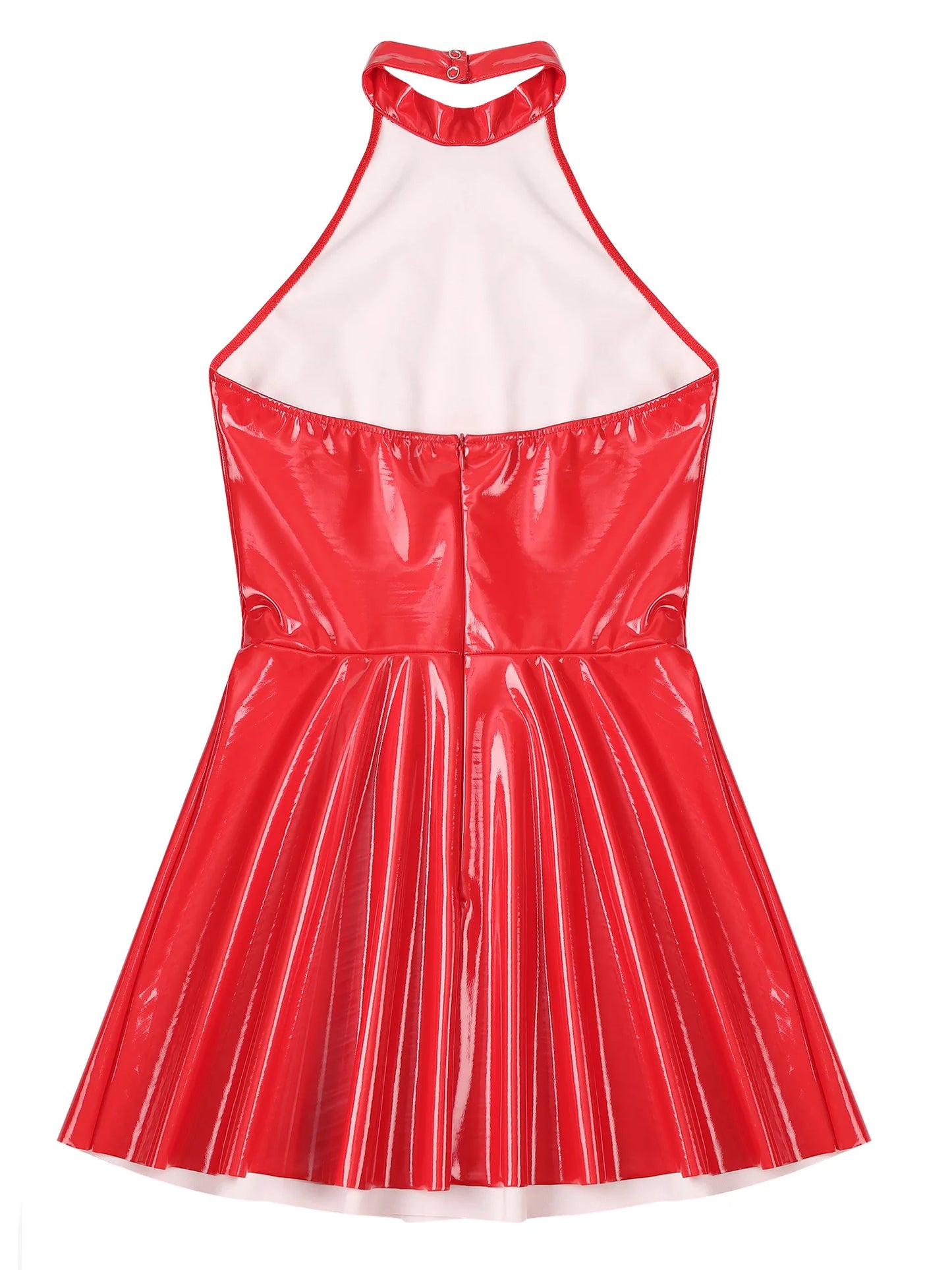 Damen Wet Look Lack leder Halfter rücken frei Skater Mini A-Linie Kleid Vinyl Latex glänzend Cocktail Party Club Kleider Clubwear