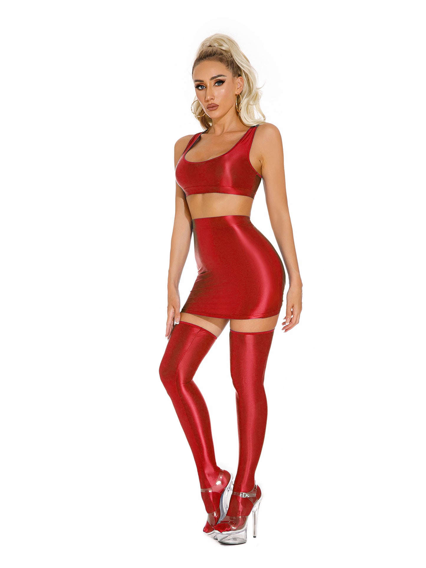 Damen glänzendes Öl u Hals Racer back Crop Top hohe Taille Mini Bleistift rock mit Strümpfen Party Club Pole Dance Kostüm Clubwear