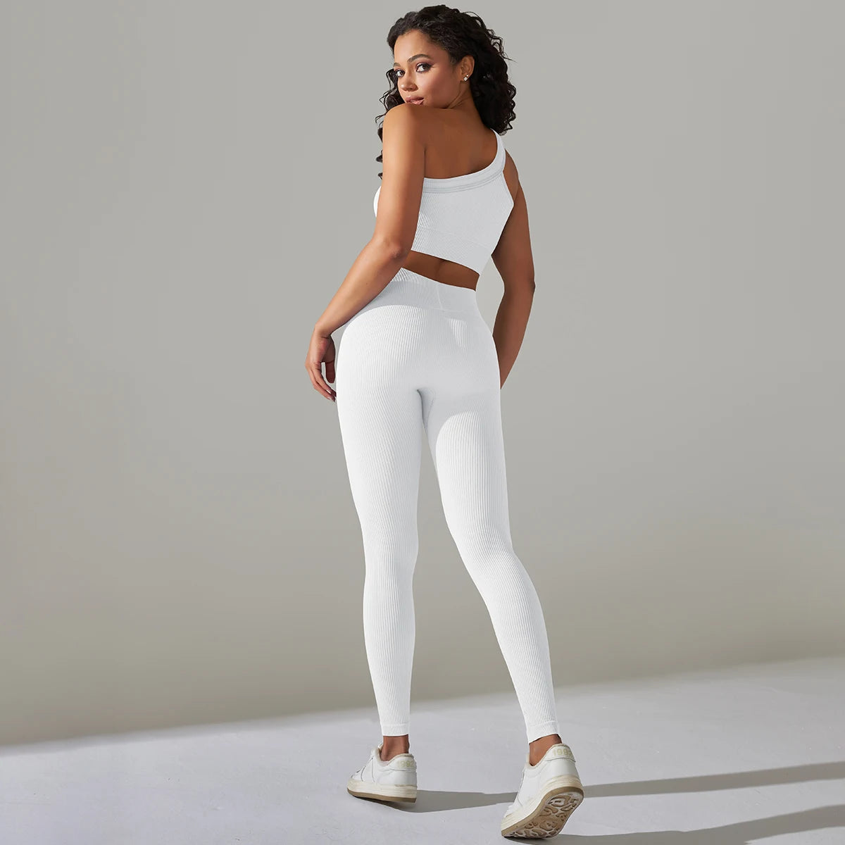 Sexy Gym Sportswear Set One Shoulder Crop Top High Waist Leggings Ribbed Two Piece Set Workout Clothes For Women Yoga Wear