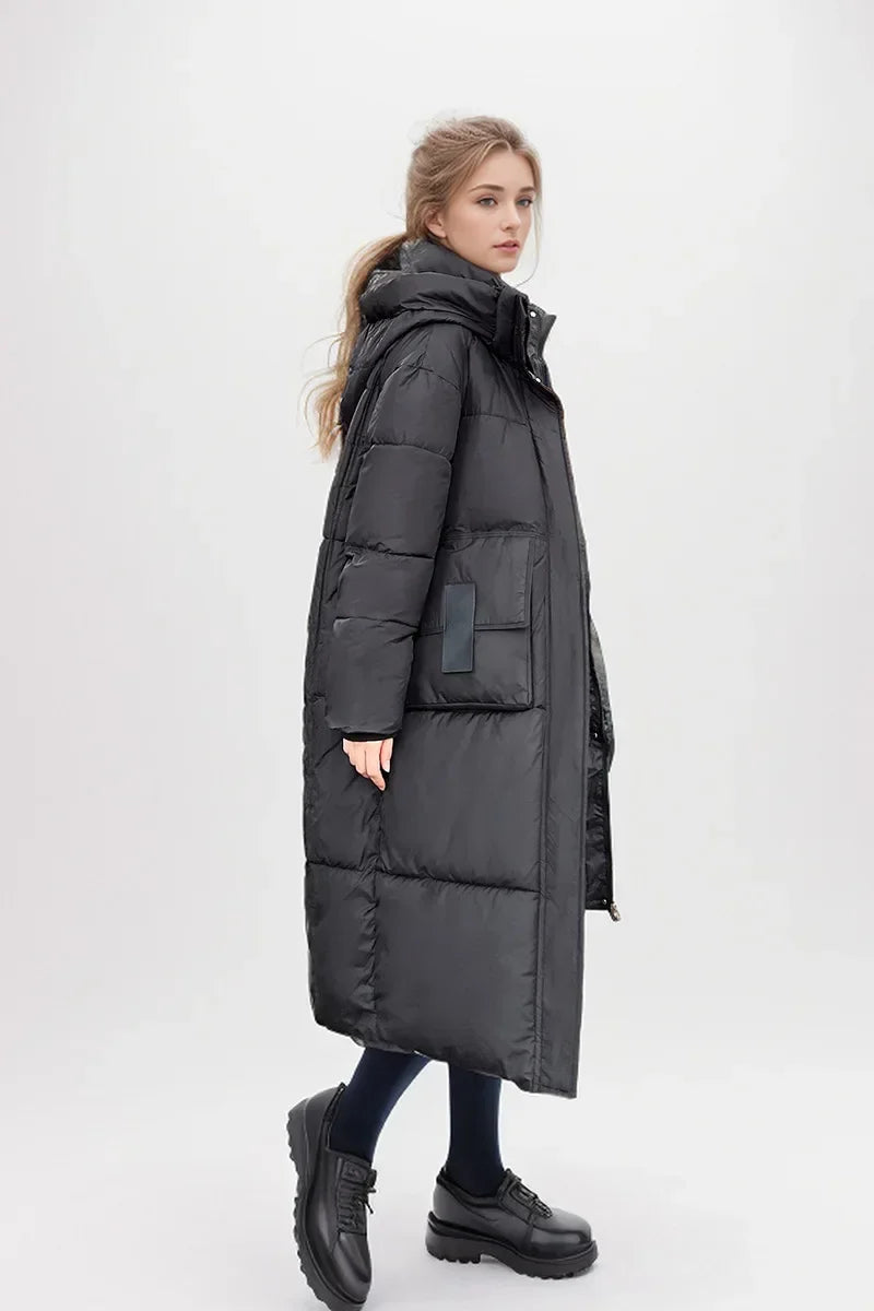 2024 neue Frau Daunen Baumwoll jacke Winter langen Mantel Kapuze große Taschen Mode warme dicke Reiß verschluss Mantel weiblichen Wintermantel