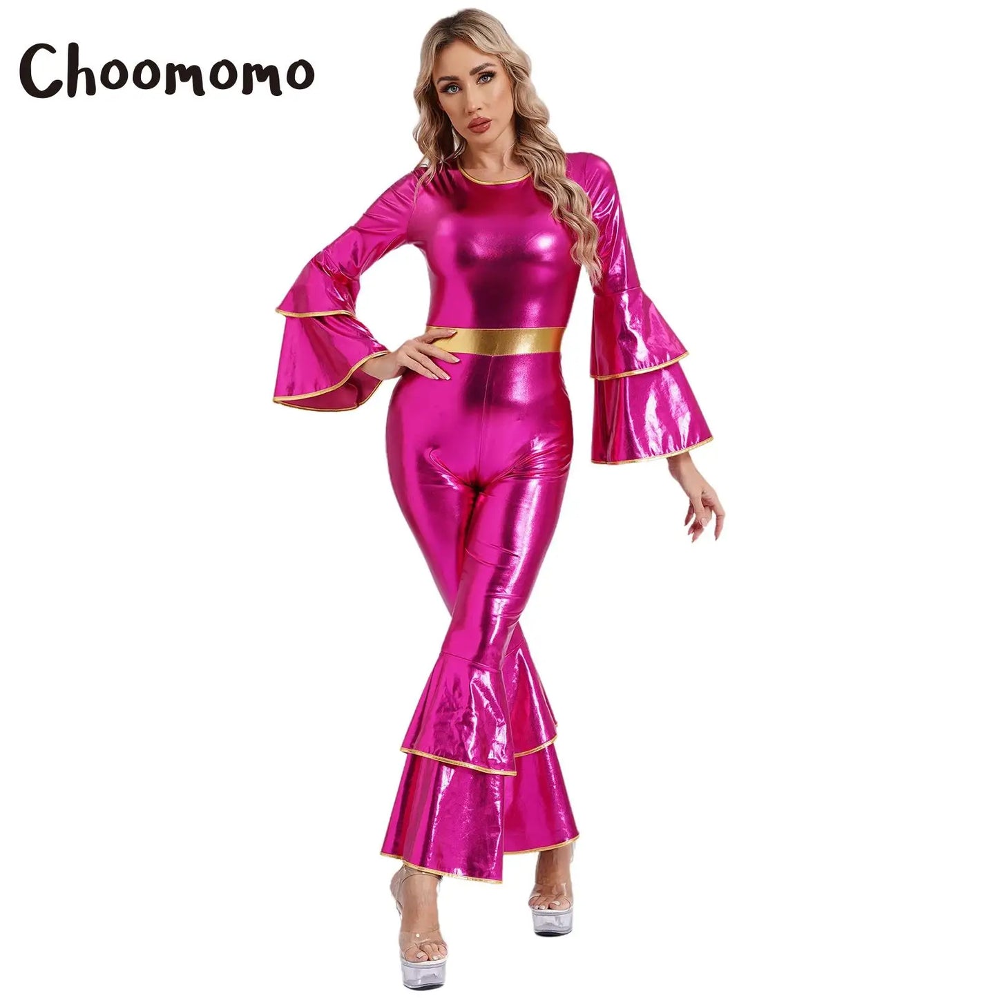 Damen Disco Kostüme sexy glänzend metallisch Retro Tanz Overall 70er 80er Jahre Hippie-Thema Party Halloween Cosplay Kostüm