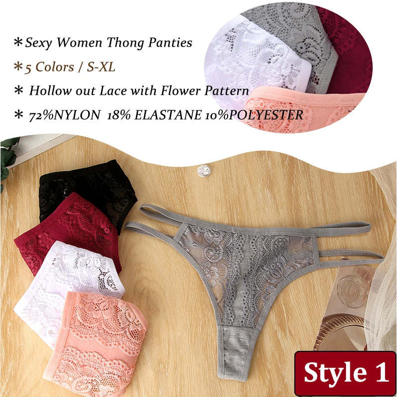 3PCS/Set Women Sexy Lace Panties Hollow Out Thongs Low Waist Female Cotton G-String Underwear Bikini Fashion Intimates Lingerie