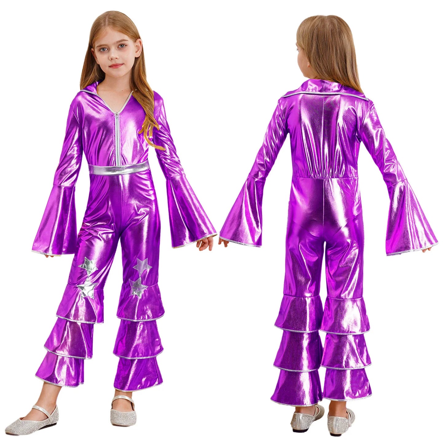 Kids Girls 70s 80s Disco Costume Metallic Flare Sleeve Ruffle Bell Bottom Jumpsuit Halloween Cosplay Funky Dancing Bodysuit