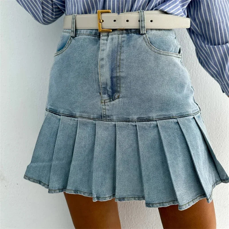 Süße Stil Spleißen Plissee Saum Denim Rock Frauen Sommer Mode Lässig Hohe Taille Taste Patchwork Weibliche Halbkörper Kleid neue