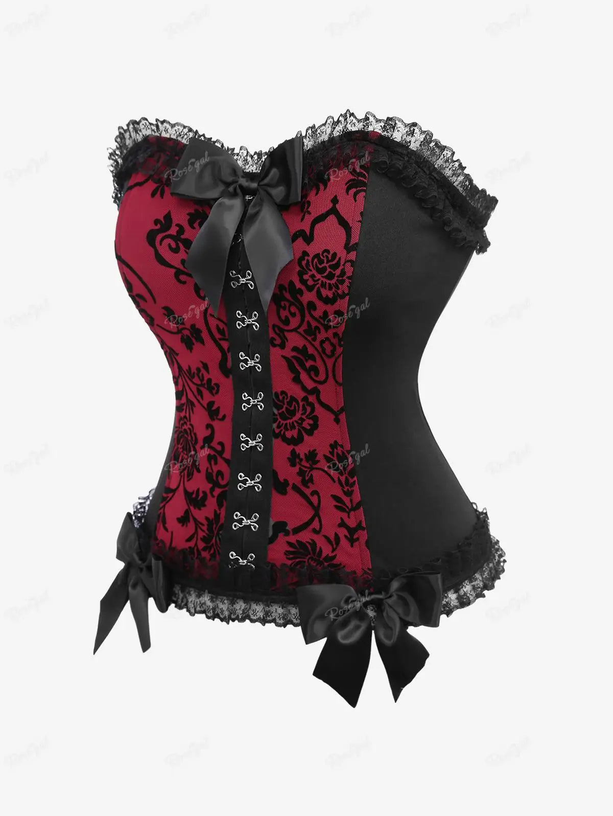 Antike Rosegal Plus Size Gothic Korsett Frauen Blumen Flock Rüschen Spitze Trim Haken und Eye Back Schnür Patchwork Body suits Korsetts