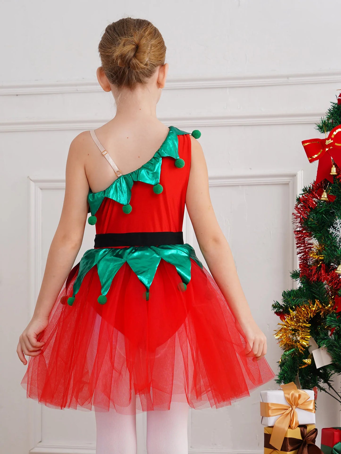 Kinder Mädchen eine Schulter Weihnachten Tanz Tutu Kleid Trikot Weihnachten Urlaub Party Santas Helfer Festivals Performance Kostüm