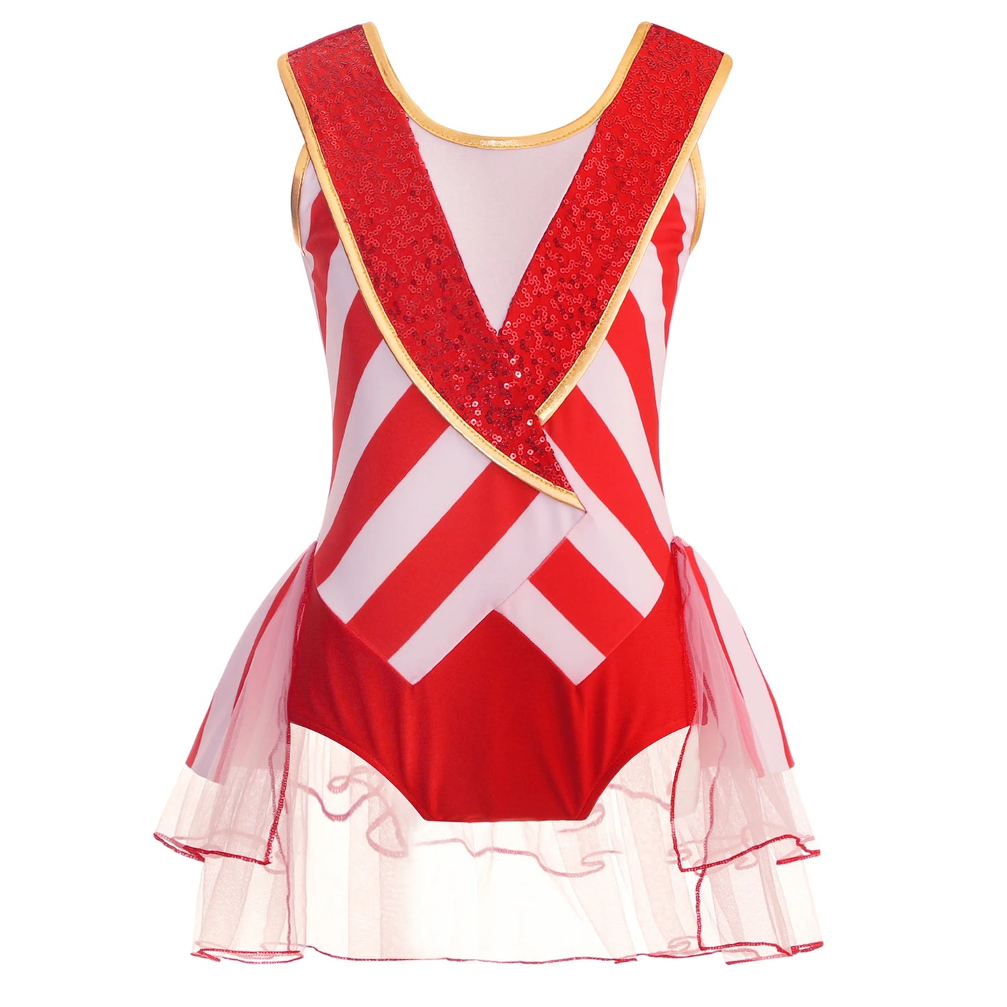 Kids Girls Sequins Candy Cane Christmas Costume Sleeveless Santa Sweetie Xmas Dance Gymnastics Leotards Dress for Holiday Party