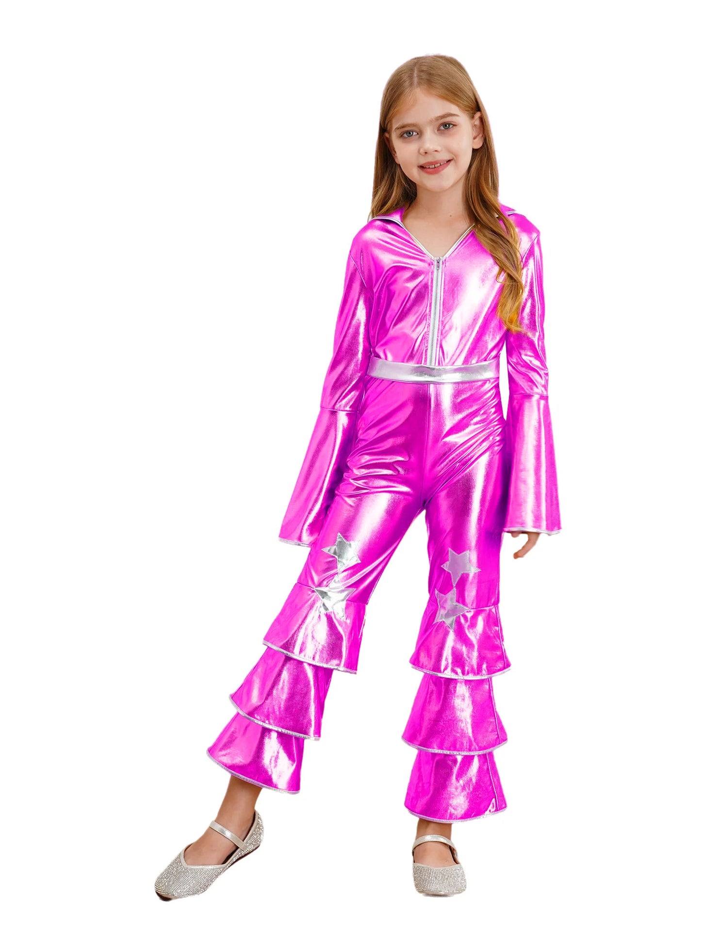 Kids Girls 70s 80s Disco Costume Metallic Flare Sleeve Ruffle Bell Bottom Jumpsuit Halloween Cosplay Funky Dancing Bodysuit