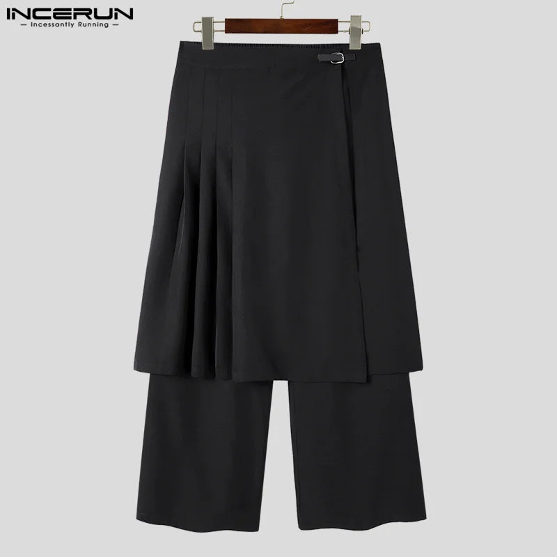 INCERUN Men's Irregular Skirts Pants Solid Color Pleated Loose Casual Trousers Men Personality Streetwear 2024 Fashion Pantalon