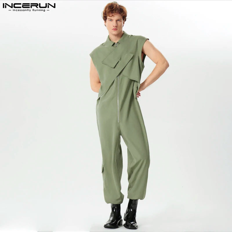 INCERUN Men Jumpsuits Solid Color Lapel Sleeveless Zipper Casual Male Rompers Loose Streetwear 2024 Fashion Cargo Overalls S-5XL