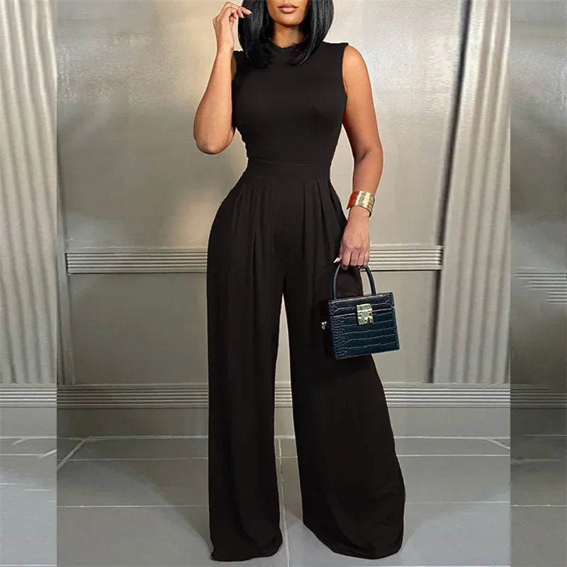 Frauen Slim Fit ärmellosen Overall weites Bein gerade Hose weiblich 2024 Sommer Mode druck Stretch hohe Taille lässig Stram pler