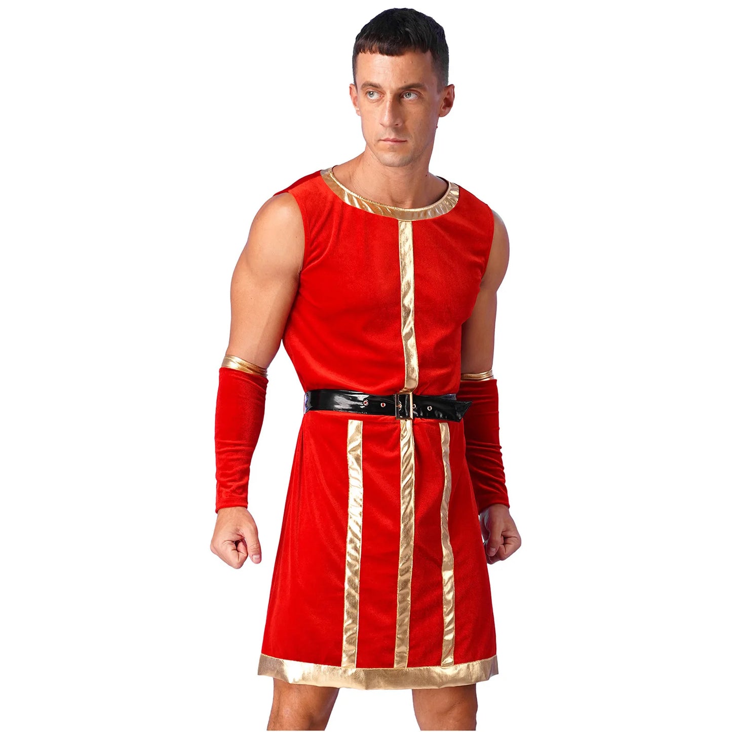 Mens Medieval Renaissance Royal Guard Costumes Sleeveless Stripes Robe + Belt + Wristbands Halloween 3-Piece Velvet Cosplay Suit