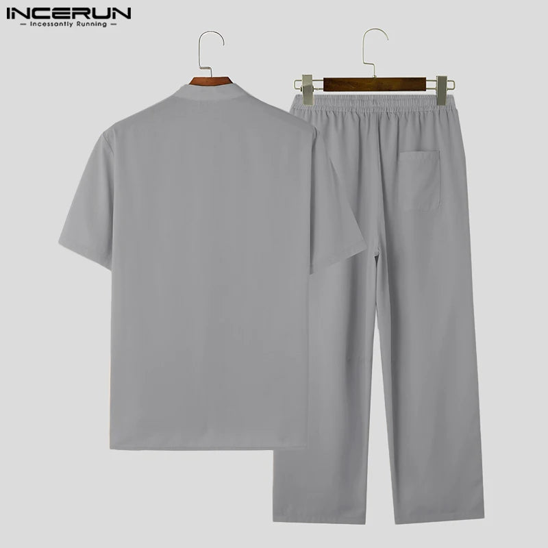INCERUN Men Sets Solid Color Stand Collar Short Sleeve Shirt & Pants 2PCS 2023 Vintage Chinese Style Men's Casual Suits S-5XL