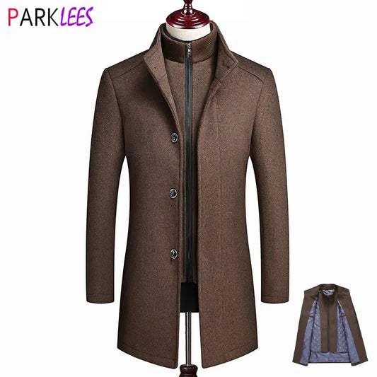 Fake Two Pieces Wool Trench Coat Men 2023 Winter Fashion Removable Vest Mens Cashmere Coat Slim Fit Wool&Blends Coat Windbreaker