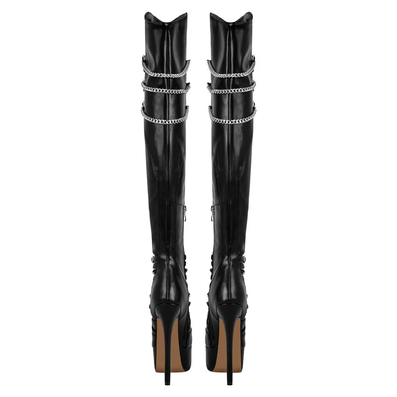 Only maker Frauen über dem Knie Stiefel dünne High Heel Dame schwarz Metall kette Dekoration Reiß verschluss weibliche Winter Plattform Stiefel