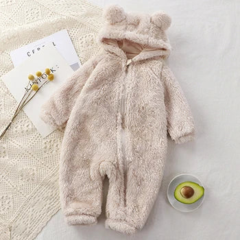 Winter Warme Neugeborenen Baby Mädchen Kleidung 3 Farben Nette Plüsch Bär Baby Strampler Komfortable Weiche Kapuze Zipper Jungen Strampler 0-3 jahre