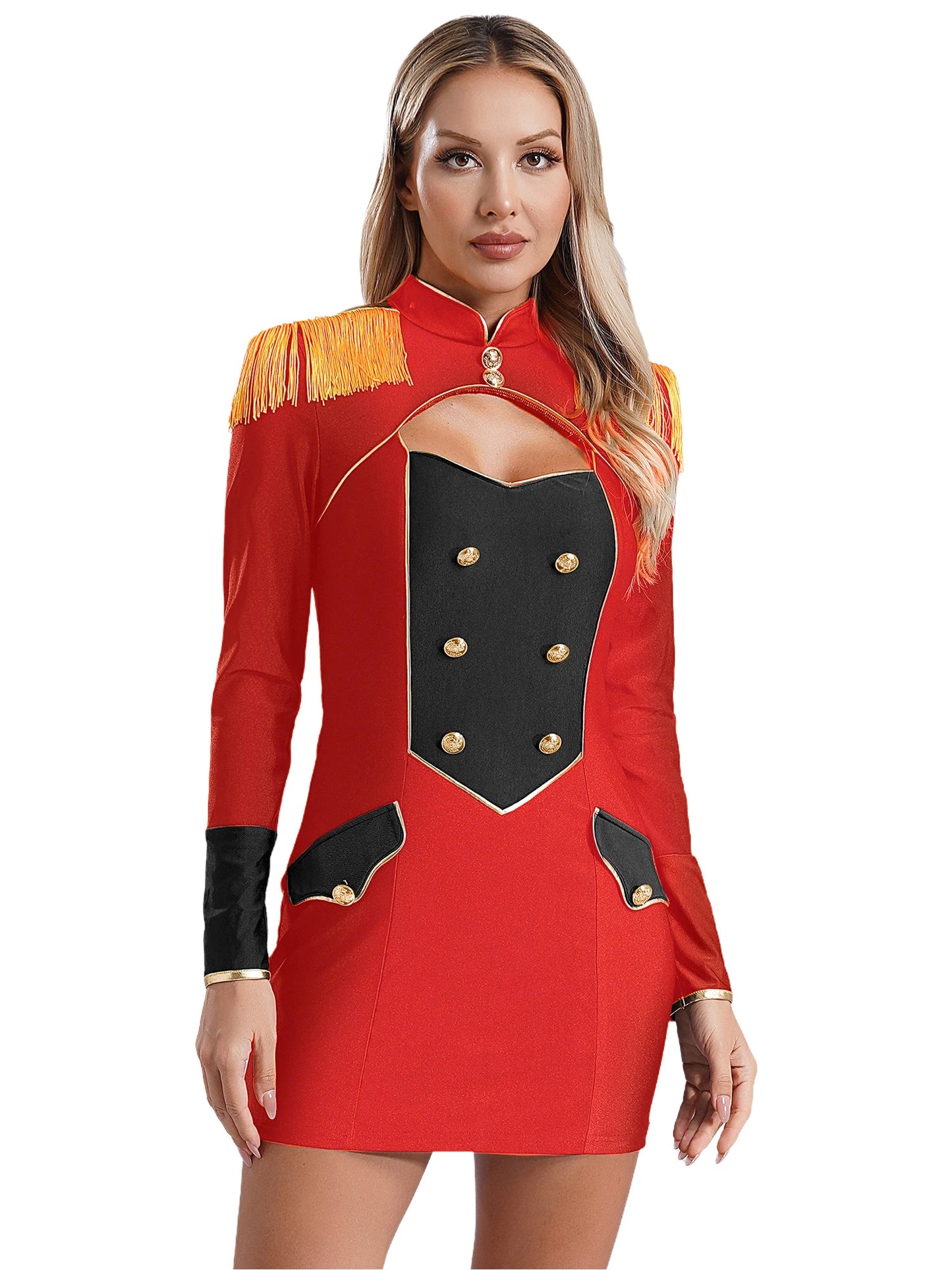 Damen roten Ring master Langarm Quaste Ausschnitt Mini kleid Bodycon Zirkus Showman Löwe Tamer Rin leader Halloween Kostüme