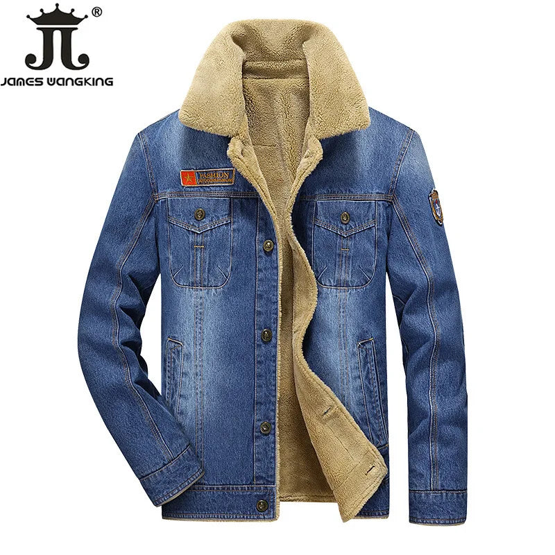 Winter warme und verdickte Herren lässige Jeans jacke Boutique Mode Baumwolle männliche blaue Jeans mäntel