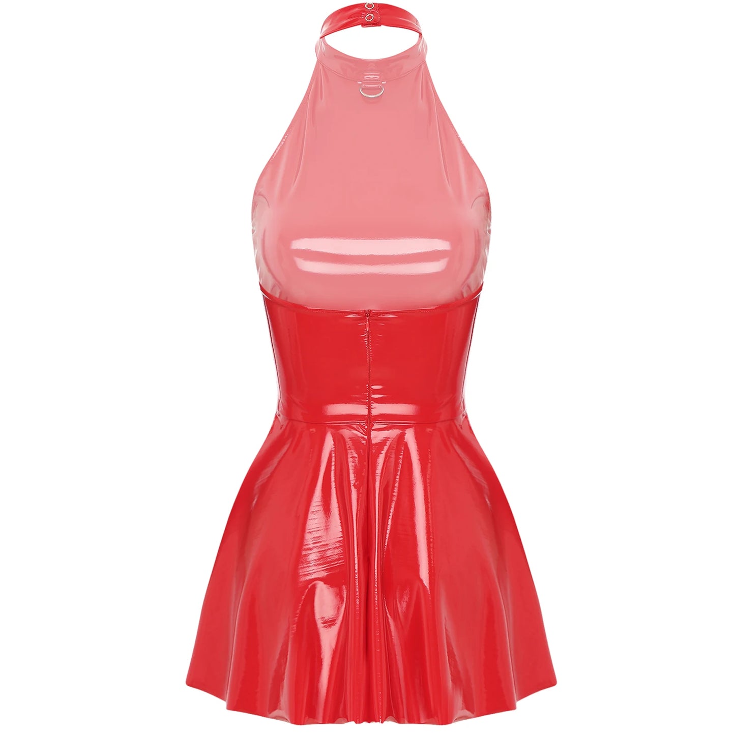 Damen Wet Look Lack leder Halfter rücken frei Skater Mini A-Linie Kleid Vinyl Latex glänzend Cocktail Party Club Kleider Clubwear