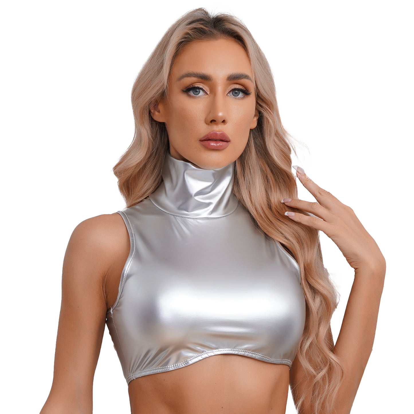 Damen exotische Tanks Clubwear Metallic glänzende Crop Top Weste solide Bodycon Neck holder ärmellose rücken freie Slim Fit T-Shirt Unterhemd Tops