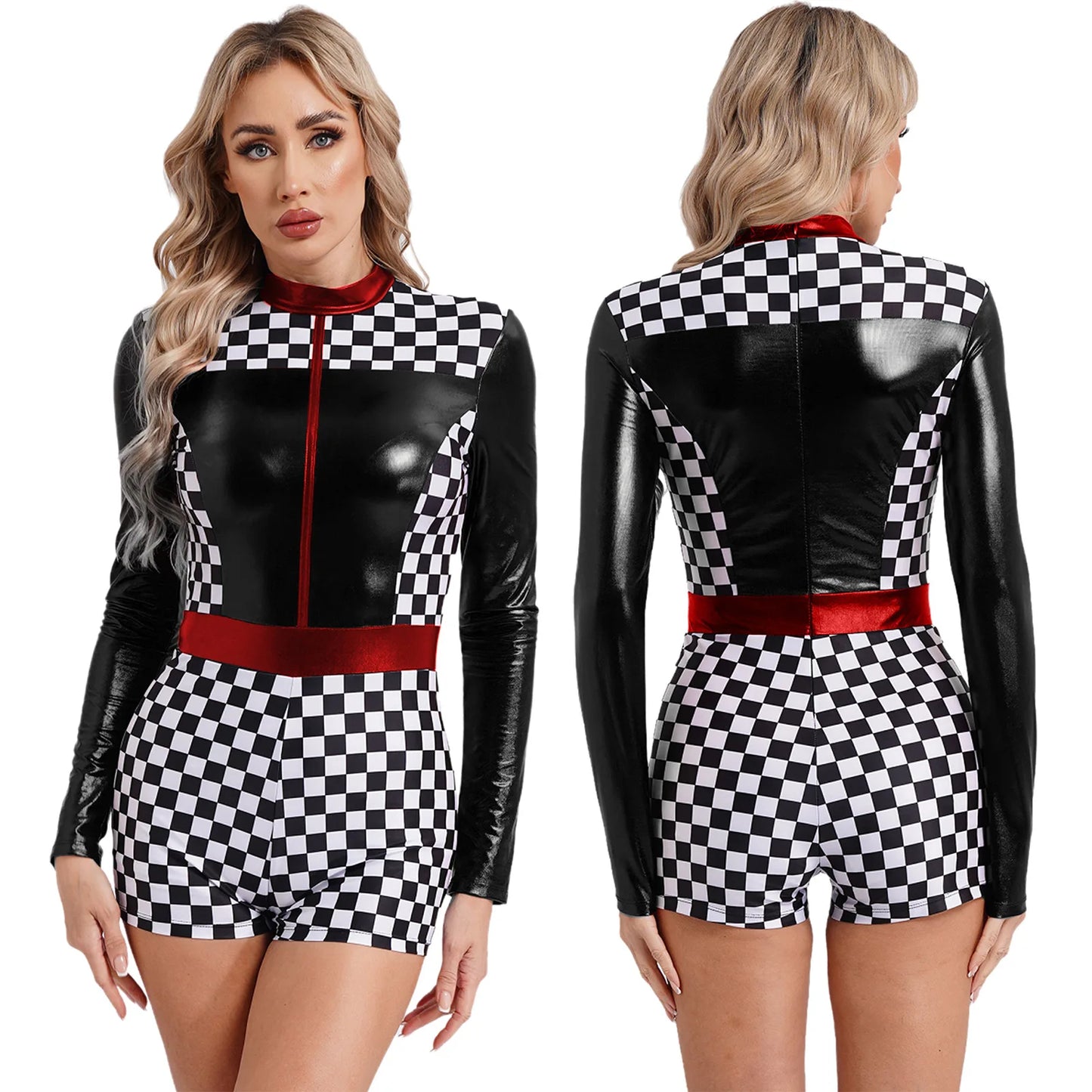 Womens Speed Car Driver Kostüm Halloween Racer Pullover Langarm Metallic Bodysuit Overall Cosplay Party Kostüm