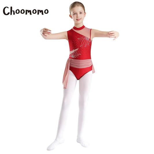 Kinder Mädchen Glitzer Strass Blumen Ballett Tanz unregelmäßiges Kleid Rocked Trikot Gymnastik Bodysuit Ballerina Dance wear