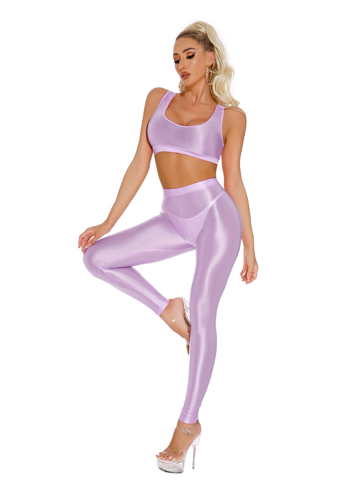 Damen glänzendes Öl ärmelloses U-Ausschnitt Racer back Crop Top mit Leggings für Tanz Yoga Sport Gym Fitness Übung Active wear