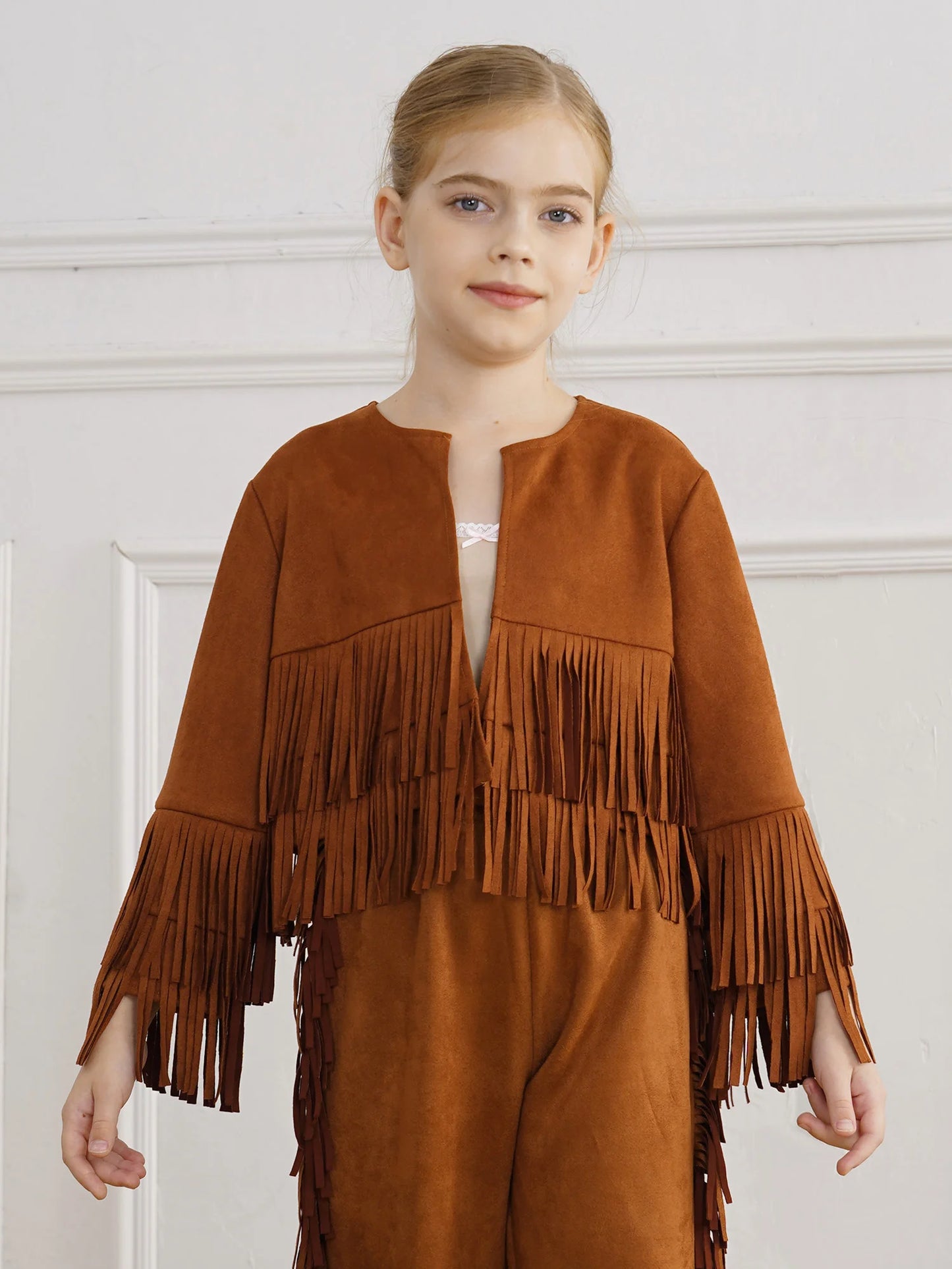 Western Rodeo Cowboy Cowgirl Costume Boys Girls Long Sleeve Open Front Tassels Fringe Coat Jacket for Halloween Cosplay Party