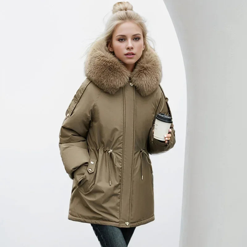 Frauen Parka Mode Lang mantel Wolle Liner Kapuze Parkas 2024 neue Winter jacke schlank mit Pelz kragen warmer Schnee tragen gepolsterte Kleidung