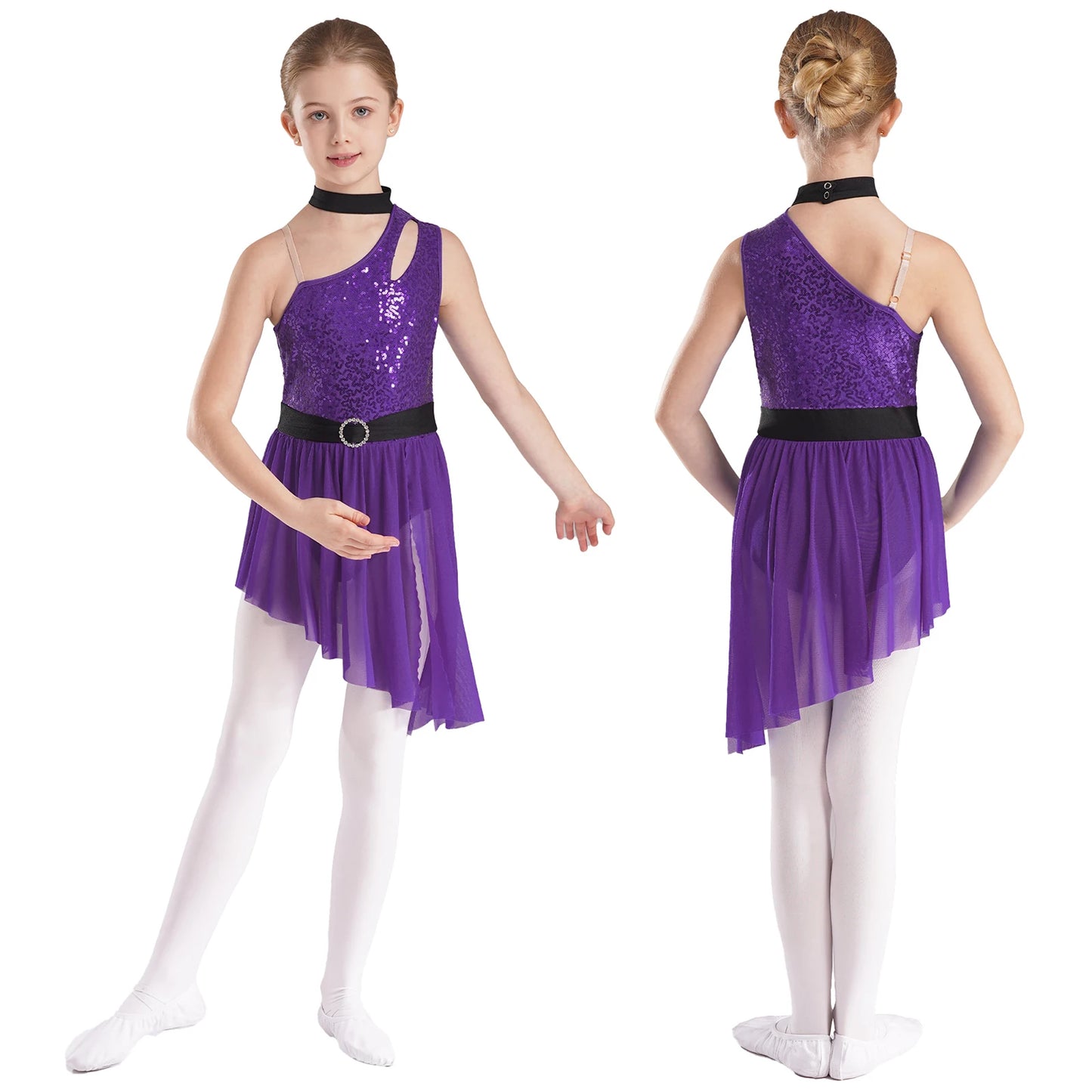 Kids Girls Lyrical Dance Costume Cutout One Shoulder Ballet Asymmetrical Tulle Dress Leotard Modern Contemporary Dancewear