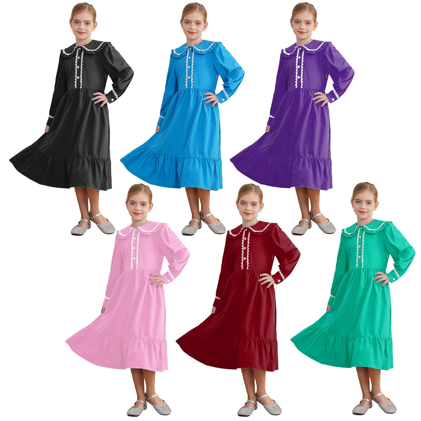 Victorian Girls Long Sleeve Lace Trim Ruffle Dresses Halloween Pioneer Colonial Prairie Costume Pilgrim Cosplay Fancy Dress Up