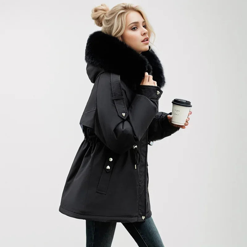 Frauen Parka Mode Lang mantel Wolle Liner Kapuze Parkas 2024 neue Winter jacke schlank mit Pelz kragen warmer Schnee tragen gepolsterte Kleidung